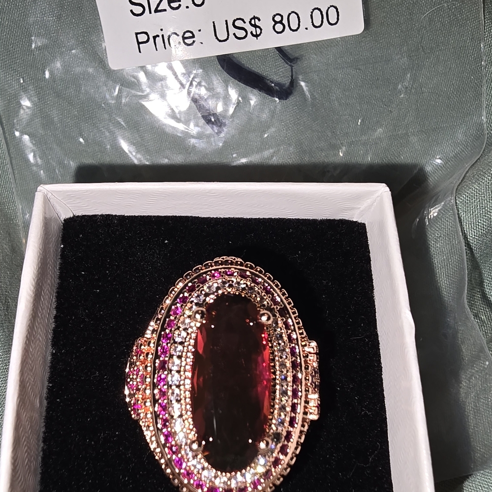 Rose Gold Pink Oval Crystal Cocktail Ring